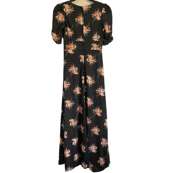 Vintage 70s Black Floral Sweetheart Neck Maxi Dress - 2-4/XS - Picture 9 of 11